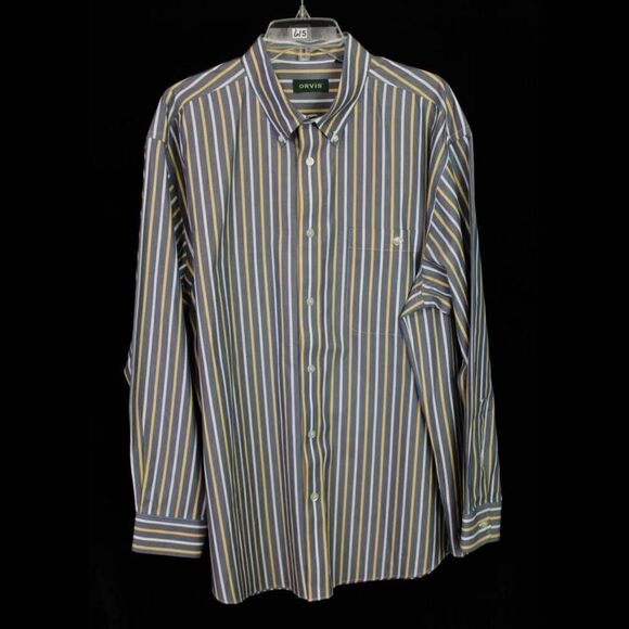Orvis Mens Xl Button Down Shirt Striped Denim Yellow White Long Sleeve. - Picture 1 of 9